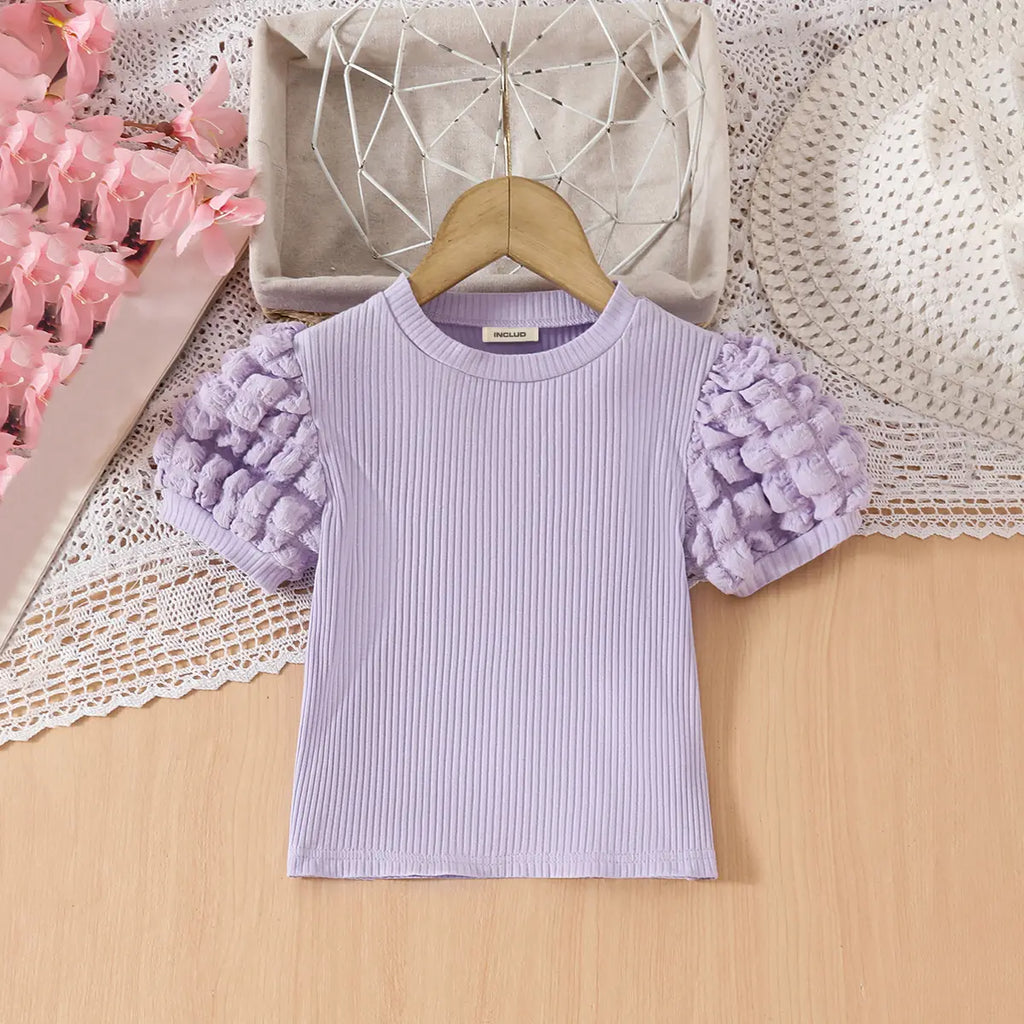 Girls Purple Puff Sleeves Top With Flared Pearl Embellishments Denim Pants Set Sets