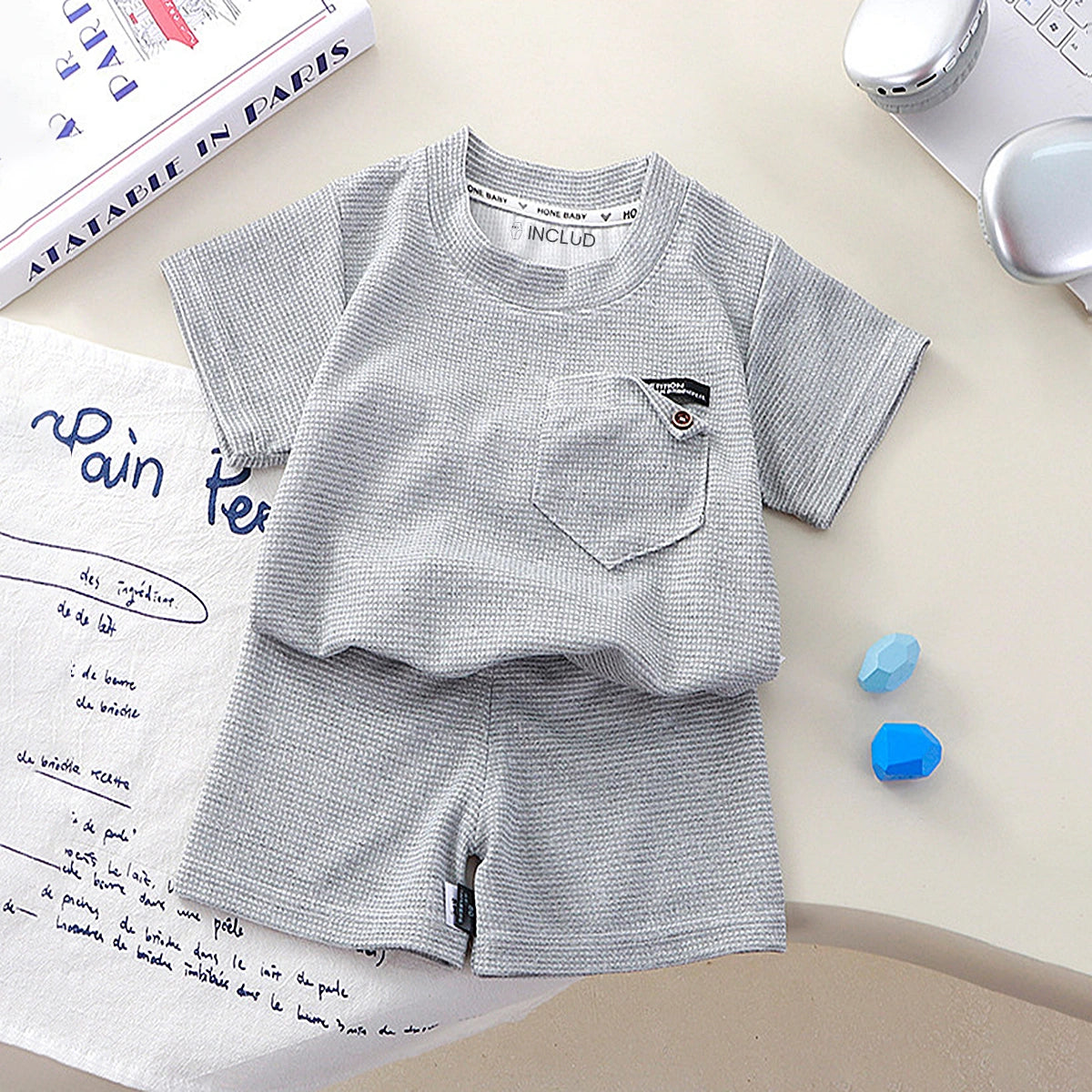 Boys Light Grey Waffle Knit Short Sleeve T-Shirt With Shorts Sets 2 pc. Sets Light Grey 1-2 Y