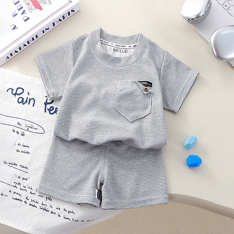 Boys Light Grey Waffle Knit Short Sleeve T-Shirt With Shorts Sets 2 pc. Sets Light Grey 1-2 Y