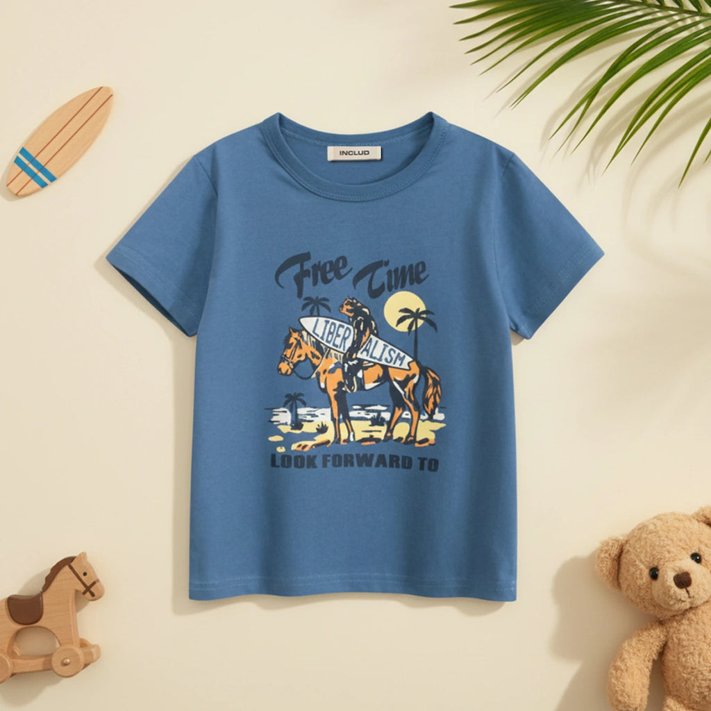 Boys Blue Graphics Printed Short Sleeves T-Shirt Tshirts Blue 1-2 Y