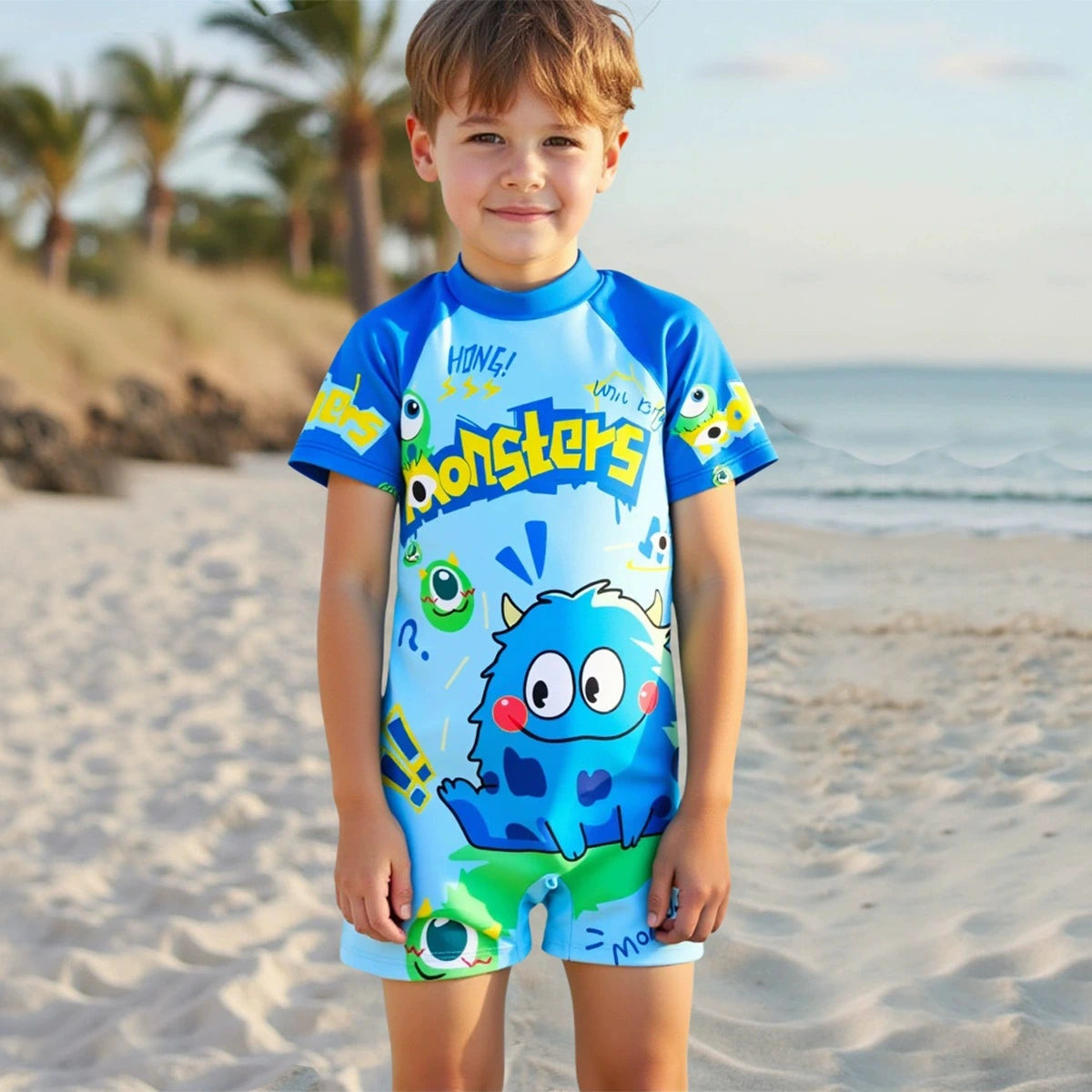 Boys Sky Blue Graphics Short Sleeves Swimwear Romper Jumpsuits