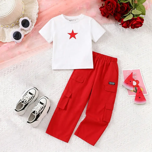 Girls Red Star Graphic Round Neck T-Shirt with Cargo Pants Sets Sets White 7-8 Y