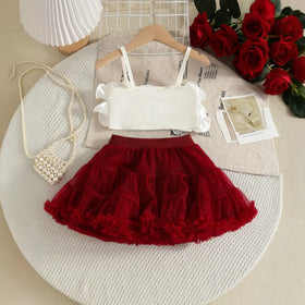 Girls White 3D Floral Ruffle Top With Tiered Tulle Tutu Skirt Sets Sets