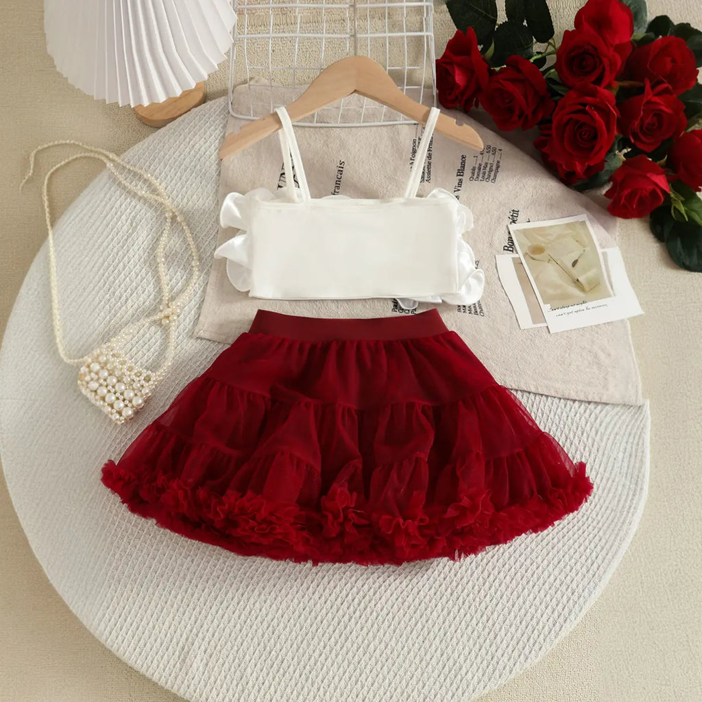 Girls White 3D Floral Ruffle Top With Tiered Tulle Tutu Skirt Sets Sets