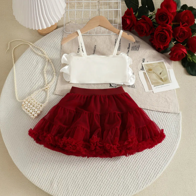 Girls White 3D Floral Ruffle Top With Tiered Tulle Tutu Skirt Sets Sets