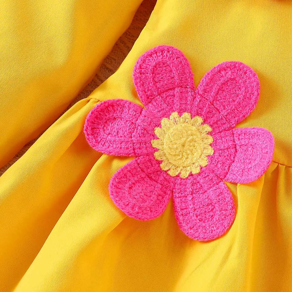 Girls Yellow Solid Flowers Appliqued Shirt Dress Casual Dresses