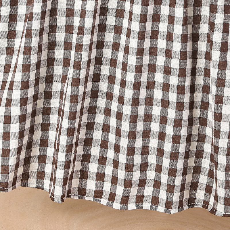 Girls Brown Gingham Checked Short Sleeves Dress Casual Dresses