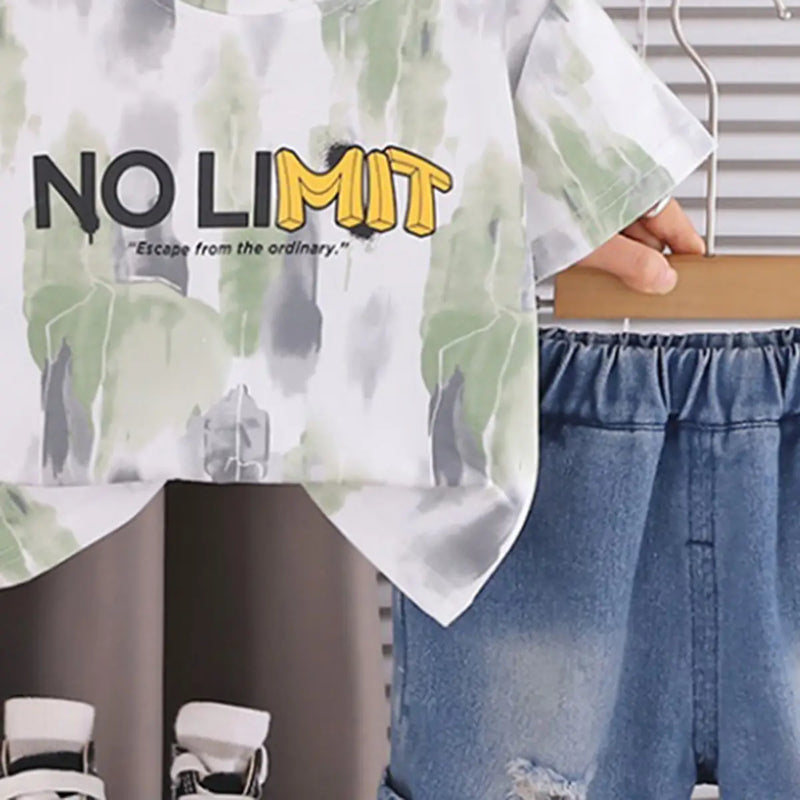 Boys Light Green Tie-Dye Printed Round Neck T-Shirt With Denim Shorts Sets 2 pc. Sets
