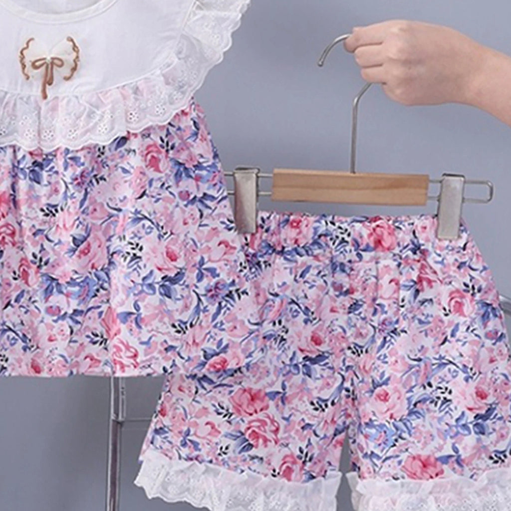 Girls Pink Floral Printed Eyelet Ruffle Top With Elasticated Shorts Sets 2 pc. Sets