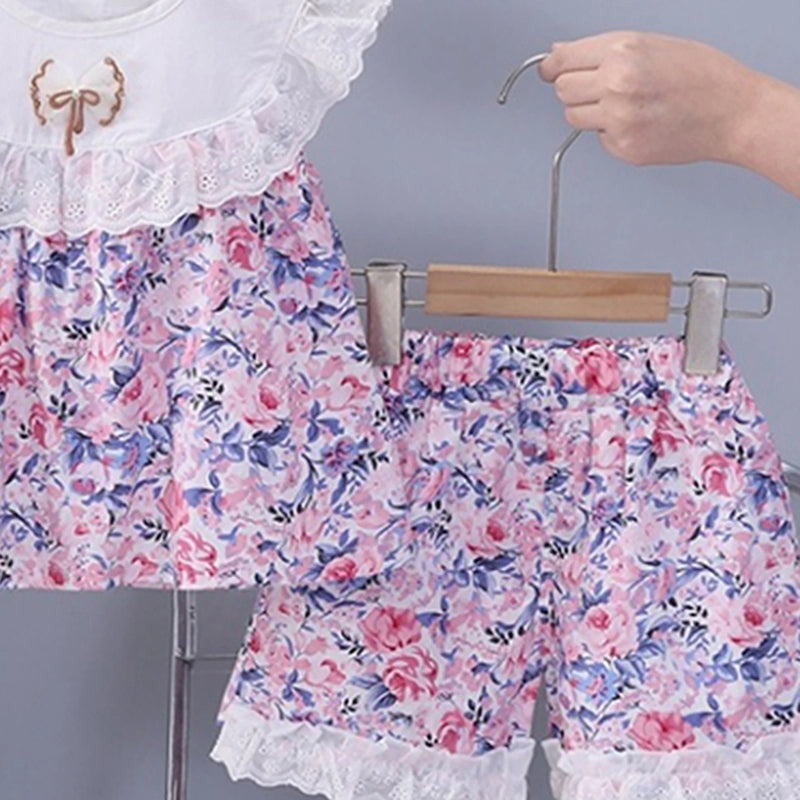 Girls Pink Floral Printed Eyelet Ruffle Top With Elasticated Shorts Sets 2 pc. Sets