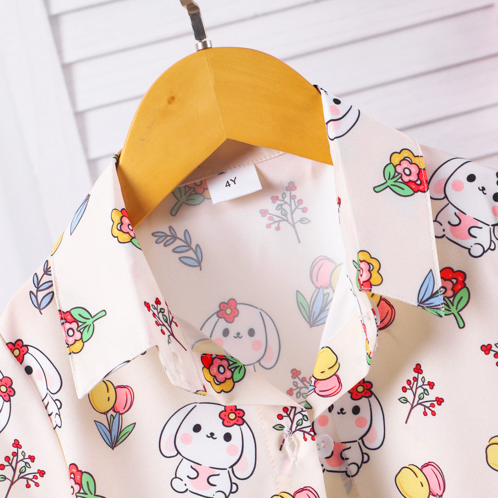 Girls White Cartoon Graphic Printed Short Sleeve Shirt With Shorts Set 2 pc. Sets