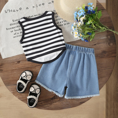 Girls Black Sleeveless Striped Top With Denim Shorts Sets 2 pc. Sets