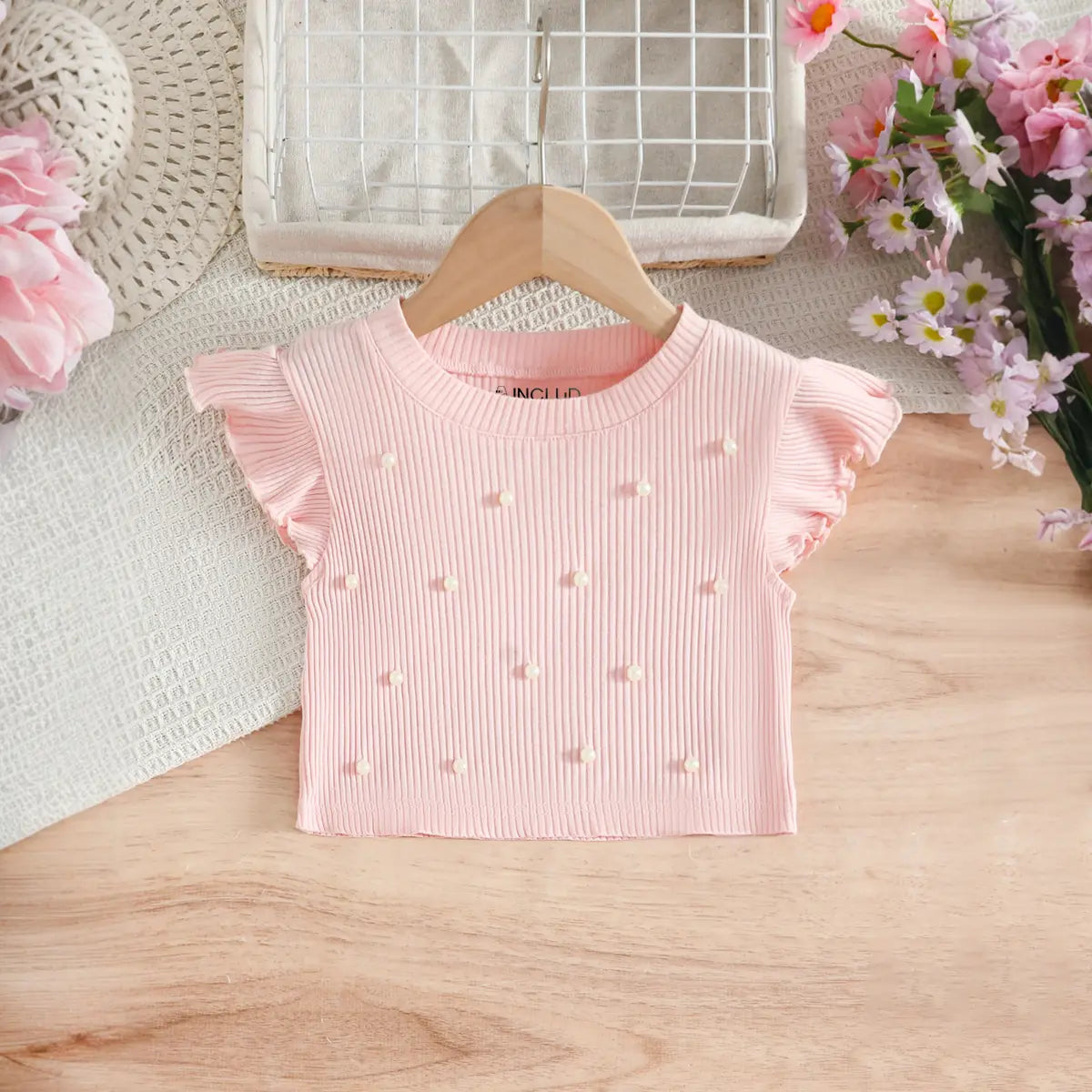 Girls Light Pink Pearl-Embellished Top With Tiered Tulle Tutu Skirt Sets Sets