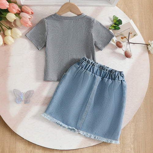 Girls Grey Butterfly Embellished Short Sleeve T-Shirt With Denim Skirt Sets 2 pc. Sets