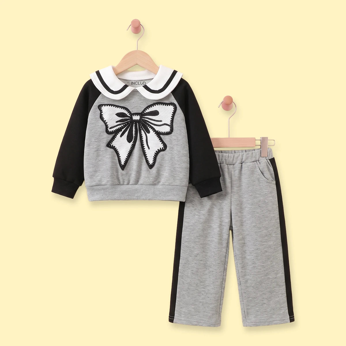 Girls Grey Bow Applique Raglan Sleeve Sweatshirt With Pants Sets 2 pc. Sets Grey 1-2 Y