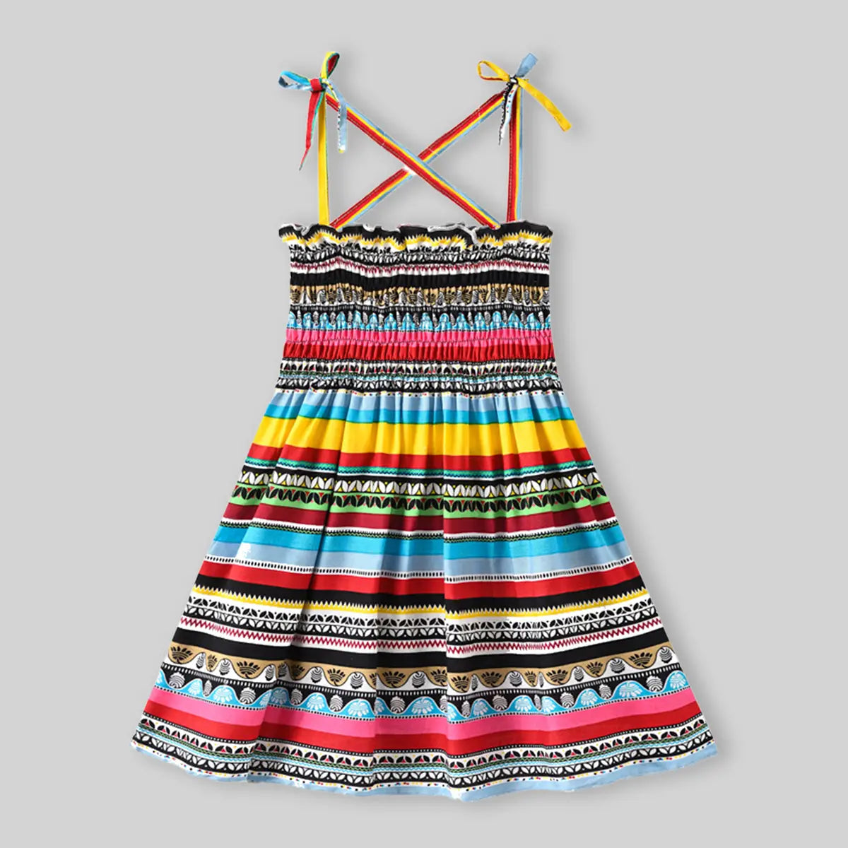 Girls Multicolor Stripes A-line Dress With Smocking Details Casual Dresses