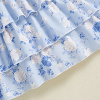 Girls Light Blue Floral Printed Flutter Sleeve Smocked Tiered Dress Casual Dresses