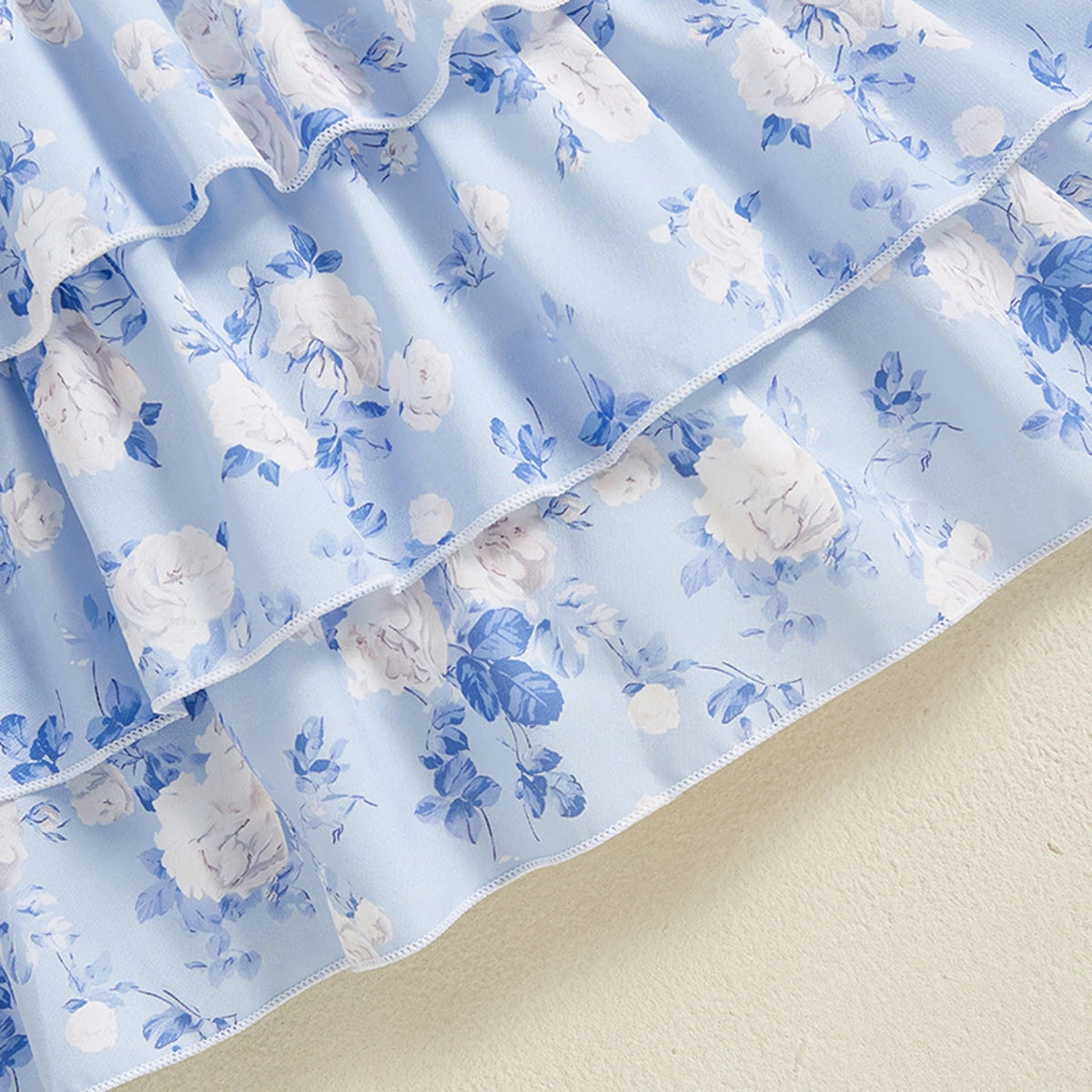 Girls Light Blue Floral Printed Flutter Sleeve Smocked Tiered Dress Casual Dresses