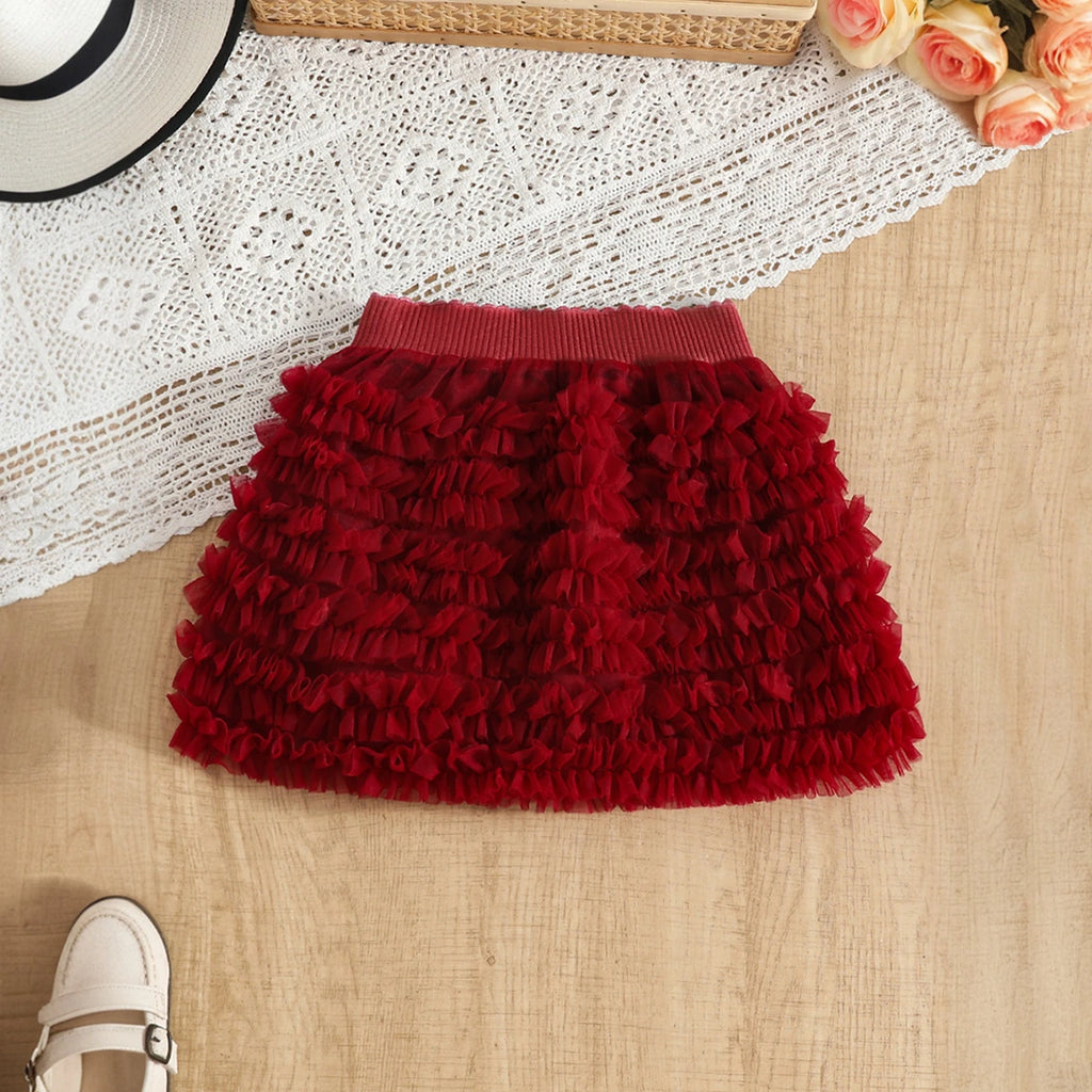 Girls Long Sleeves Top With Burgundy Tulle Ruffled Skirts Set Sets