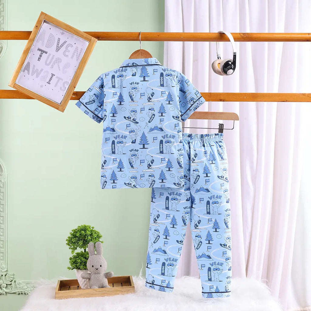 Girls Blue Printed Short Sleeve Shirt With Elasticated Pants Sets Sets