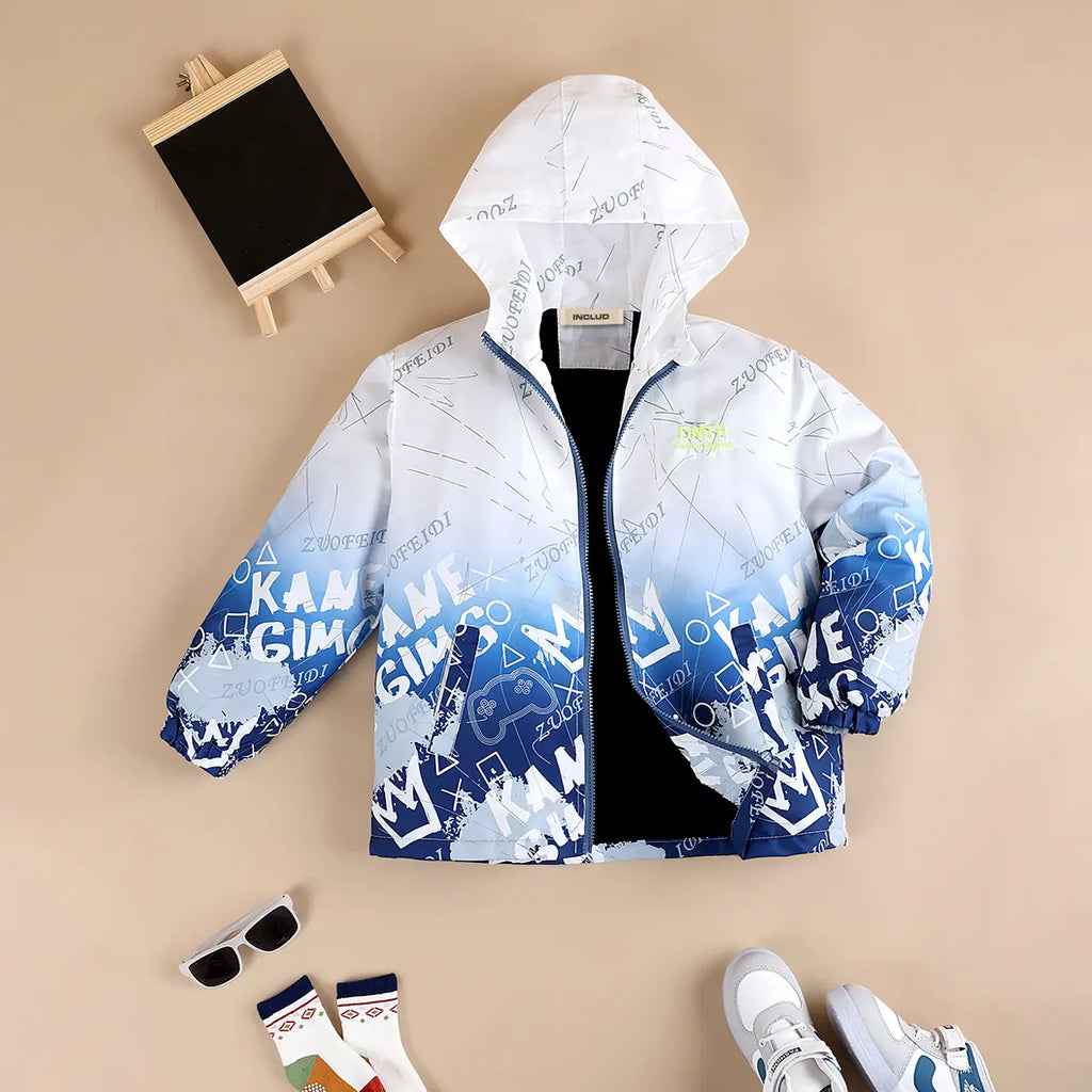 Boys Blue Ombre Printed Hooded Zipper Jacket Coats & Jackets