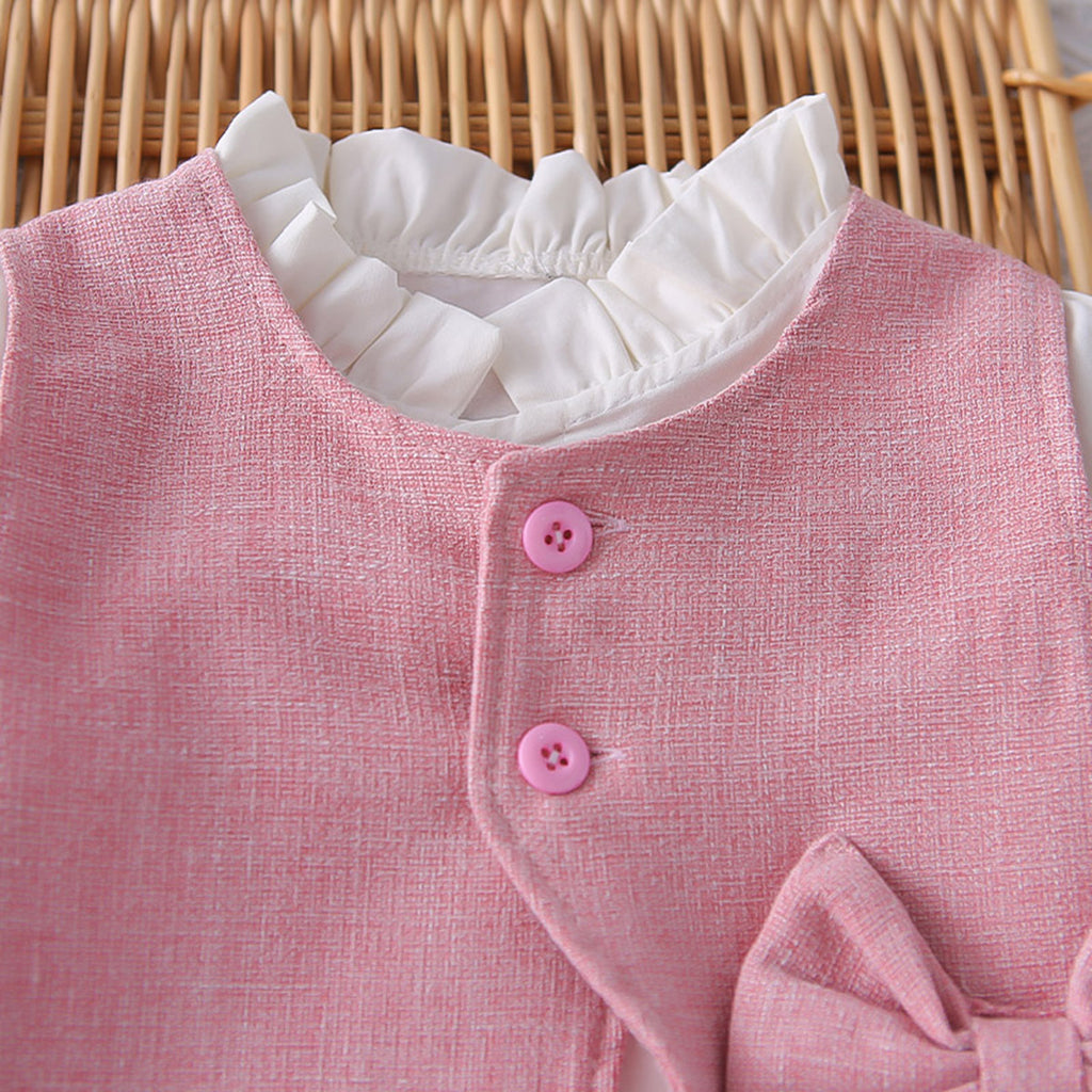Girls Pink Textured Sleeveless Jacket With Top & Pants Set Sets