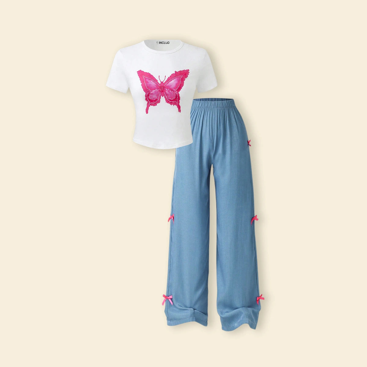 Girls White Butterfly Print Top With Bow Detailed Pants Sets Sets