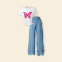 Girls White Butterfly Print Top With Bow Detailed Pants Sets Sets