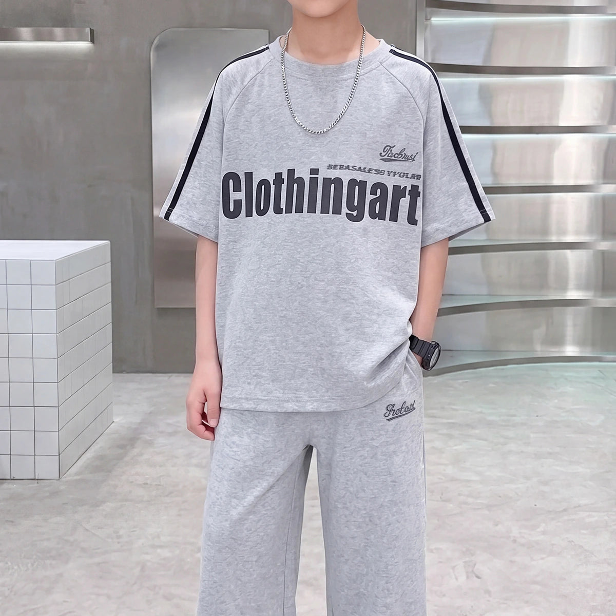 Boys Grey Typographic Raglan Sleeve T-Shirt With Pants Sets 2 pc. Sets