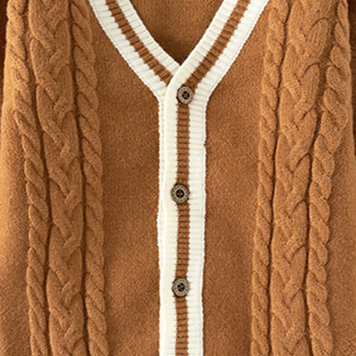 Girls Camel Brown Self-Design Knitted Cardigan Sweaters & Cardigans