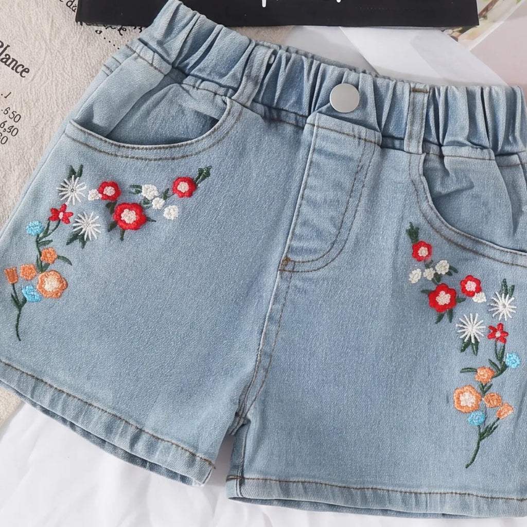 Girls Black Floral Print Top With Embroidered Denim Shorts Set Sets