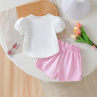 Girls White Heart Applique Puff Sleeves Top With Shorts Set Sets