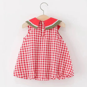 Girls Red Checked Watermelon Theme Sleeveless A-line Dress Casual Dresses