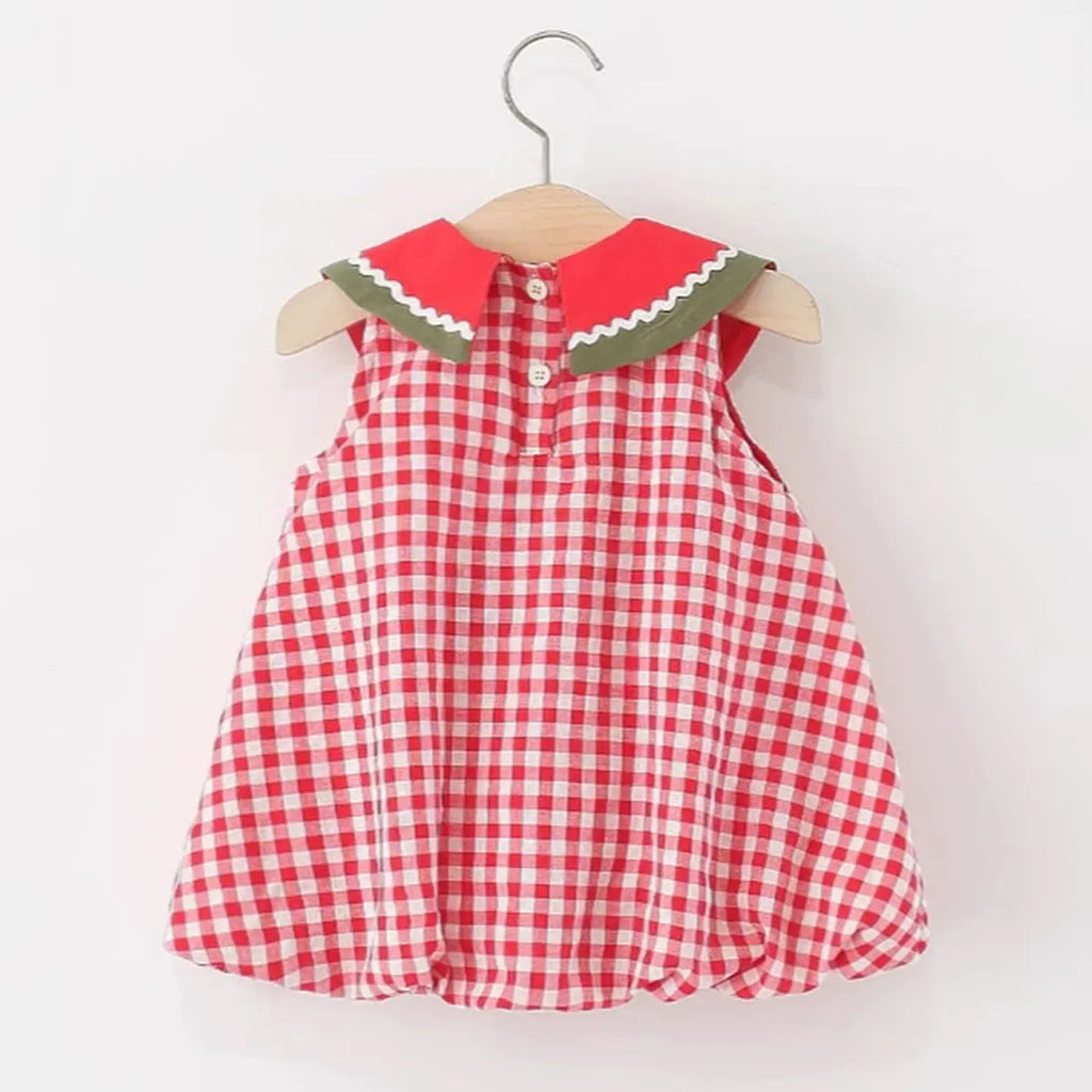 Girls Red Checked Watermelon Theme Sleeveless A-line Dress Casual Dresses