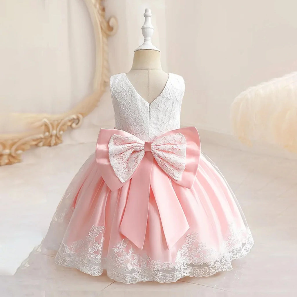 Girls Pink Sleeveless Scalloped Hem Party Wear Dress With Bow Party Dresses