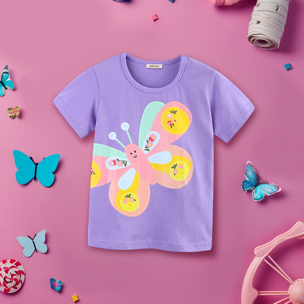 Girls Butterfly Print Short Sleeves T-shirt
