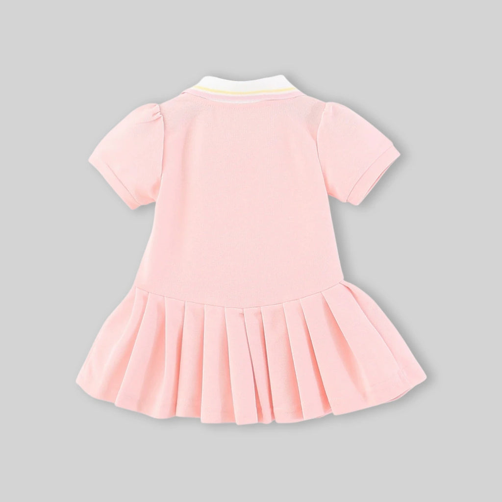 Girls Pink Embroidered Pleated Fit & Flare Polo Dress Casual Dresses