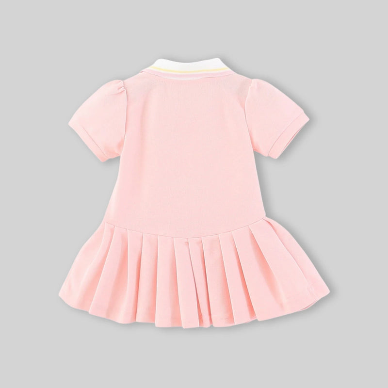 Girls Pink Embroidered Pleated Fit & Flare Polo Dress Casual Dresses