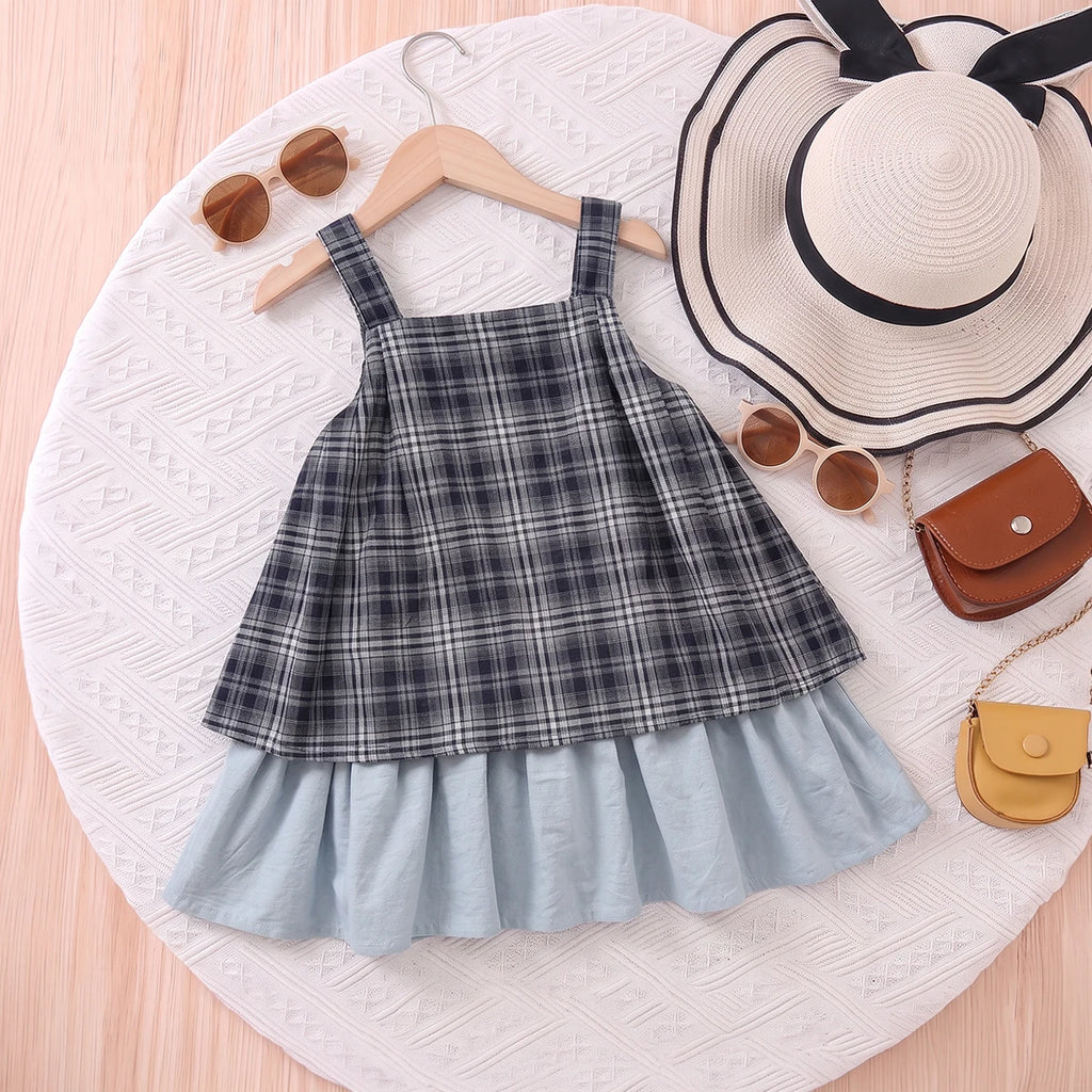 Girls Light Blue Sleeveless Checked A-line Dress Casual Dresses