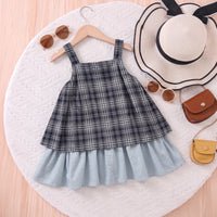 Girls Light Blue Sleeveless Checked A-line Dress Casual Dresses