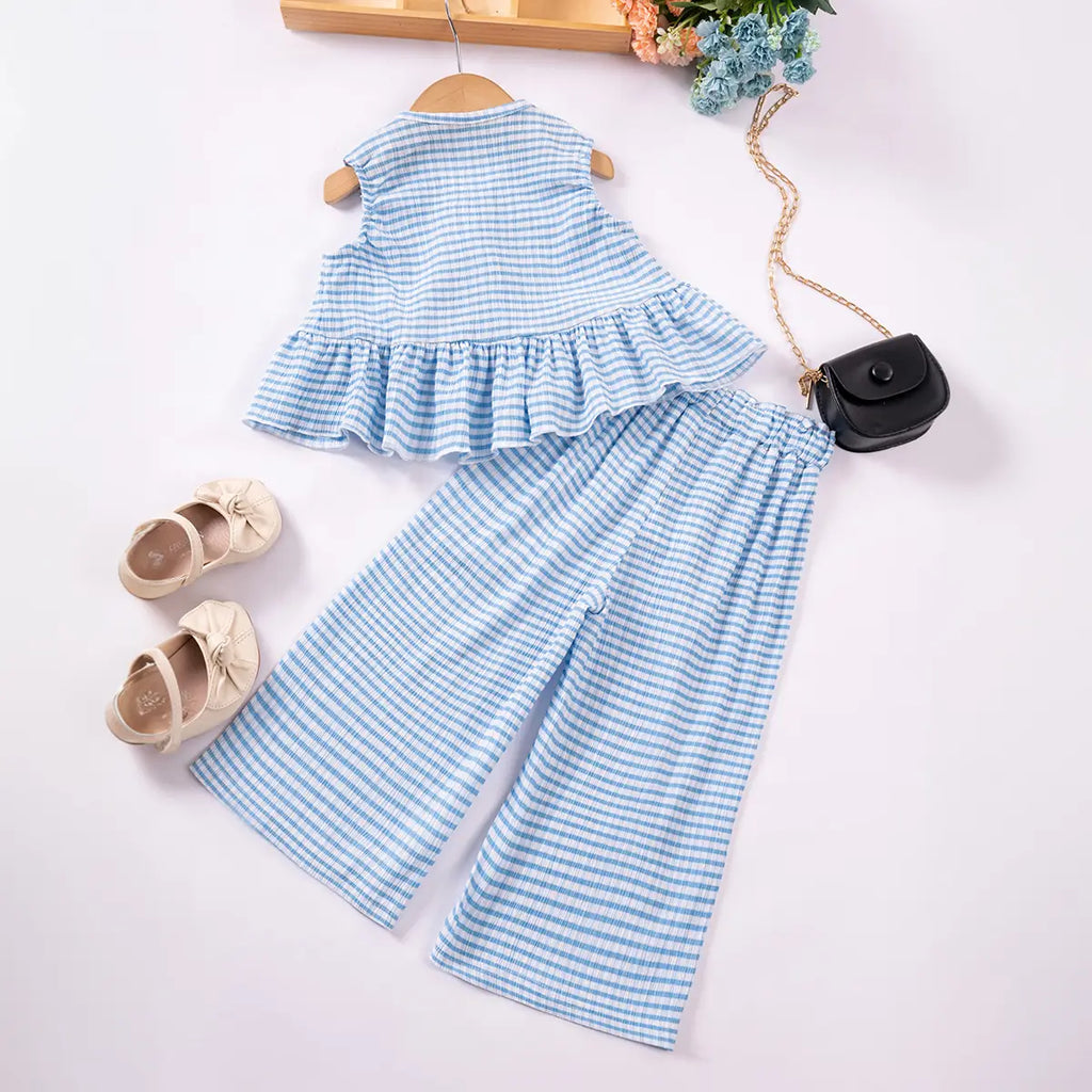 Girls Light Blue Checked Sleeveless Top With Pants Co-ord Sets Sets