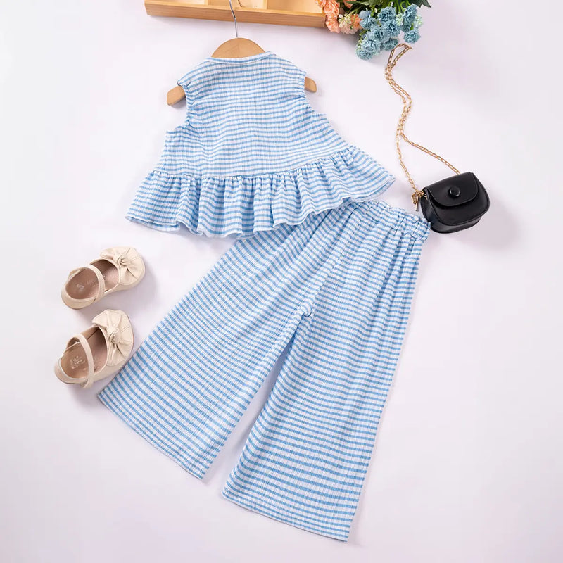 Girls Light Blue Checked Sleeveless Top With Pants Co-ord Sets Sets