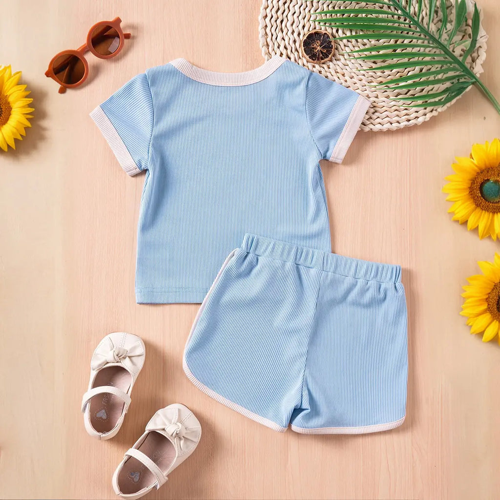 Girls Light Blue Ribbed Contrast Trims T-Shirt & Shorts Co-ord Sets Sets