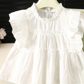 Girls White Self-Design Ruffle Neck Top With Pants Sets 2 pc. Sets