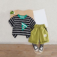 Boys Black Striped Triangular Patch Pocket T-Shirt With Brown Shorts Set 2 pc. Sets