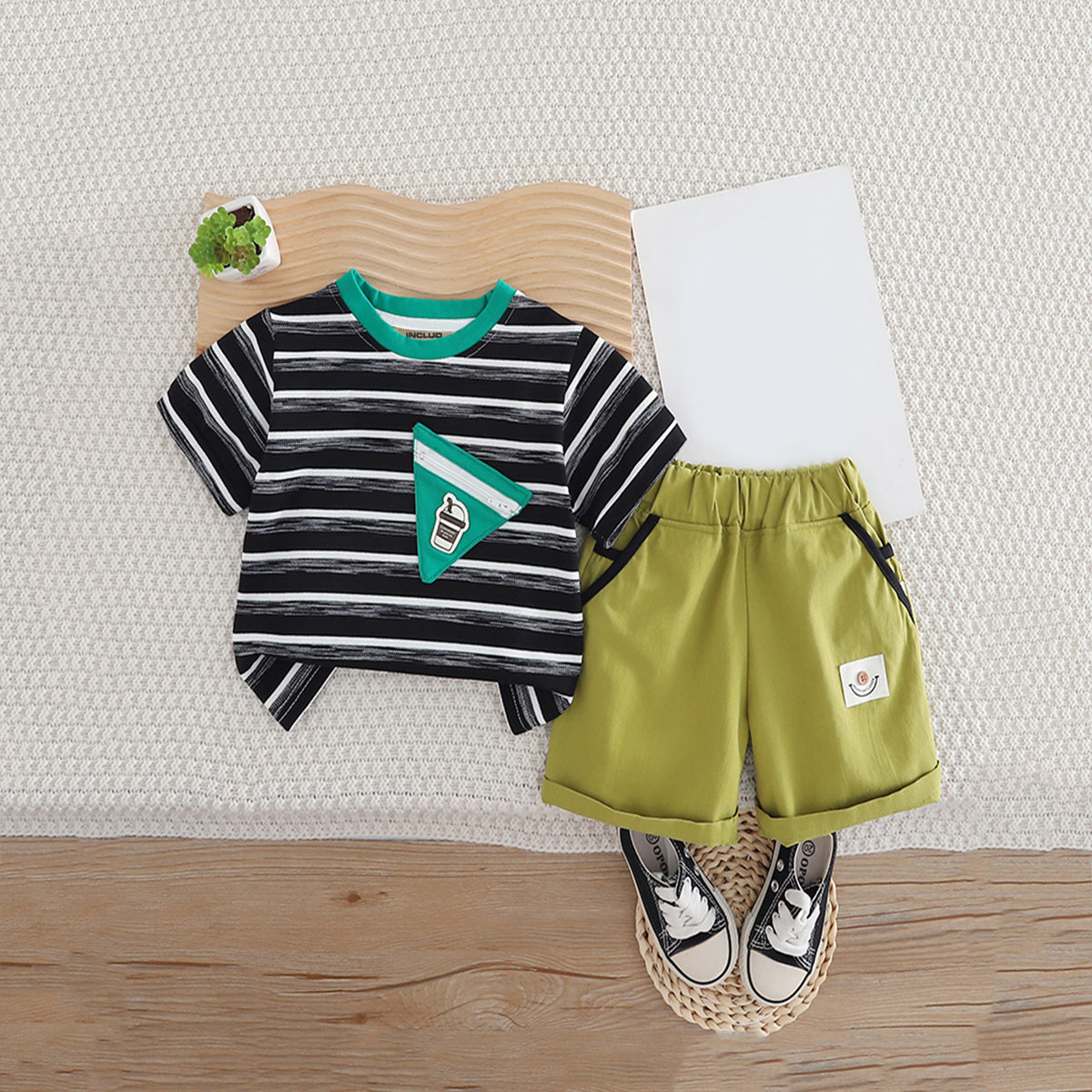 Boys Black Striped Triangular Patch Pocket T-Shirt With Brown Shorts Set 2 pc. Sets