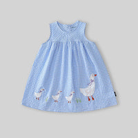 Girls Blue Gingham Checked Sleeveless Fit & Flare Dress With Duck Applique Casual Dresses