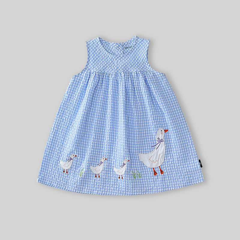 Girls Blue Gingham Checked Sleeveless Fit & Flare Dress With Duck Applique Casual Dresses