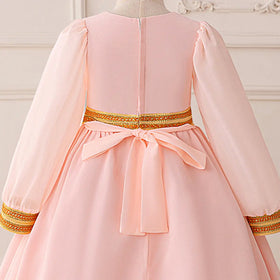 Girls Pink Embroidered Fit & Flare Dress With Long Sleeves Casual Dresses