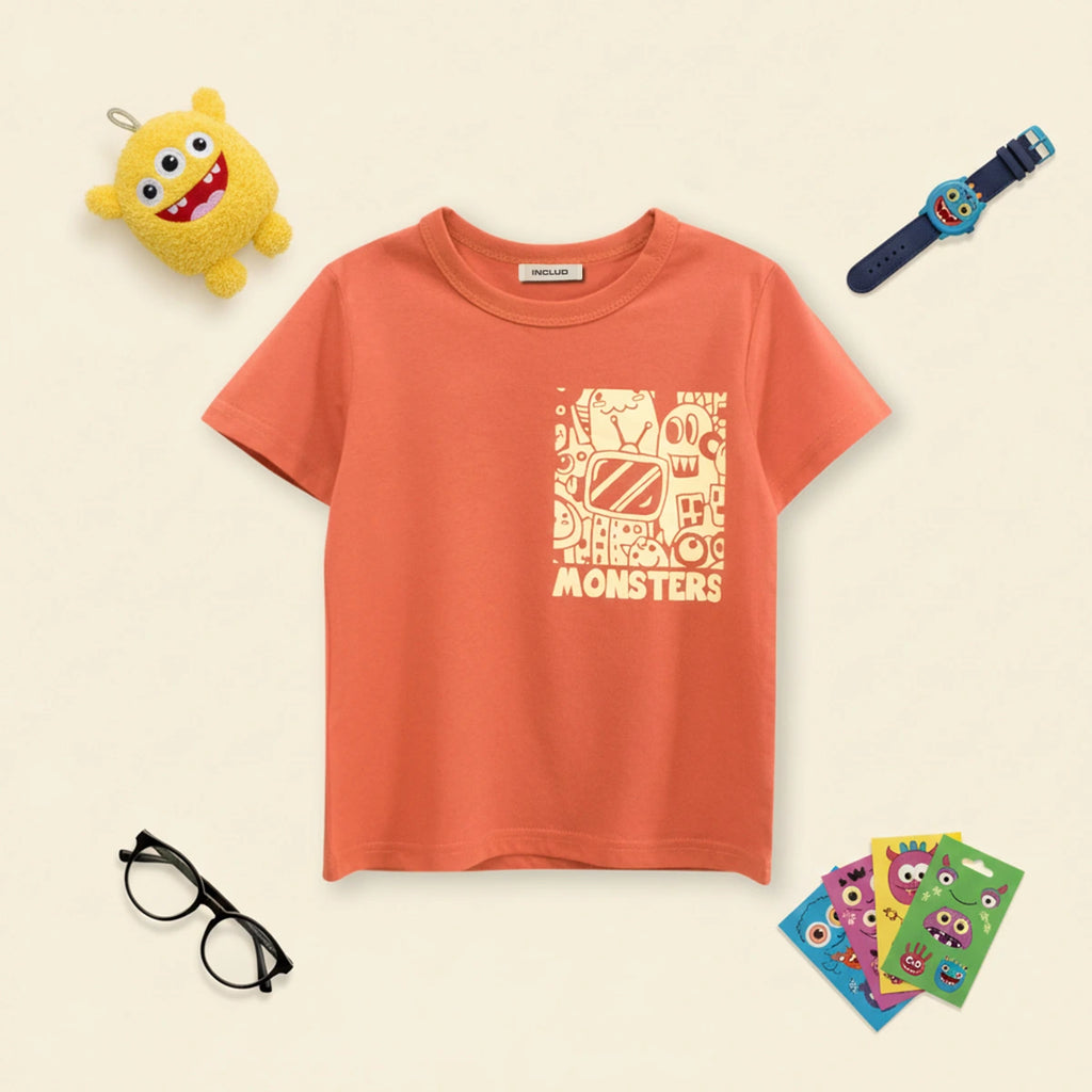 Boys Orange Graphic Cartoon Printed Short Sleeves T-Shirt Tshirts Orange 1-2 Y